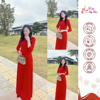 Áo dài truyền thống lụa Mỹ cổ tròn màu đỏ tươi,trơn