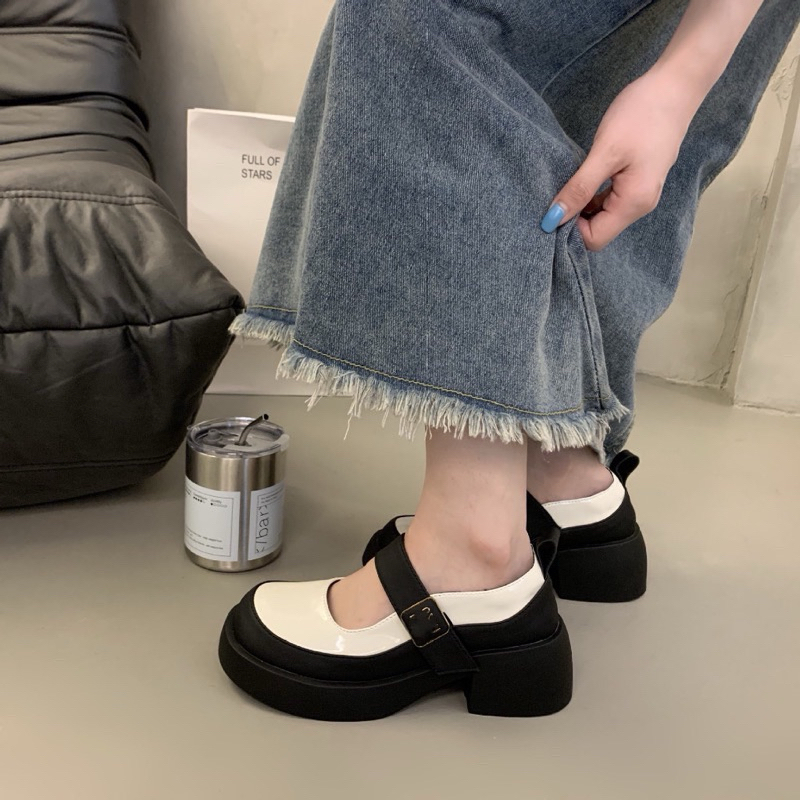 Giày nữ mũi tròn quai dán miu đế 5p qc full tang tất