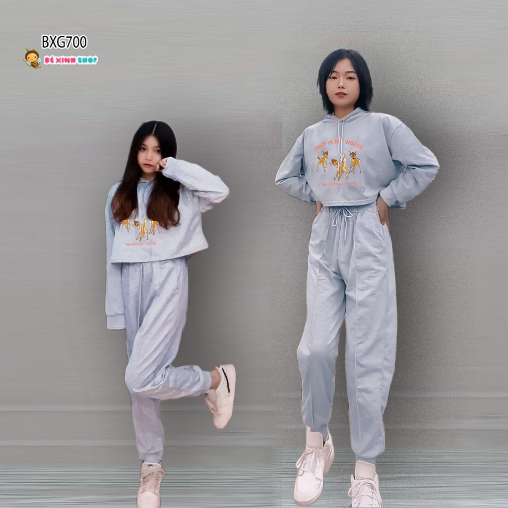 Bộ Thu Đông Nỉ Chân Cua Áo Croptop Dài Tay Quần Dài Bo Ống Dễ Thương Cho Bé Gái 2,3,4,5,6,7,8,9,10,11,12,13 tuổi BXG700