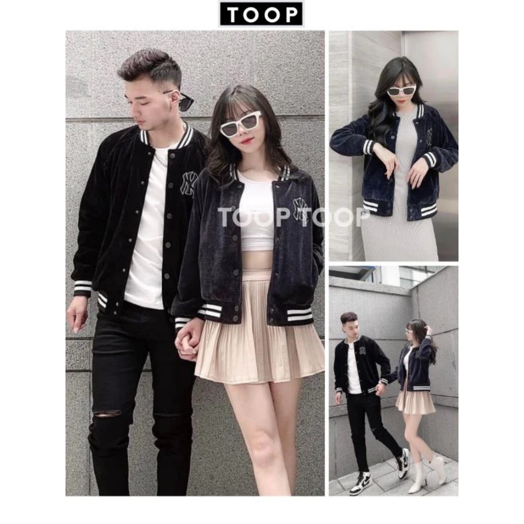 Áo Khoác Bomber Thêu Chữ NY Hàng Cao Cấp Vải Nhung Gân Dày Mịn
