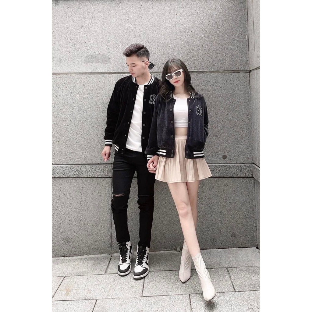 Áo Khoác Bomber Thêu Chữ NY Hàng Cao Cấp Vải Nhung Gân Dày Mịn