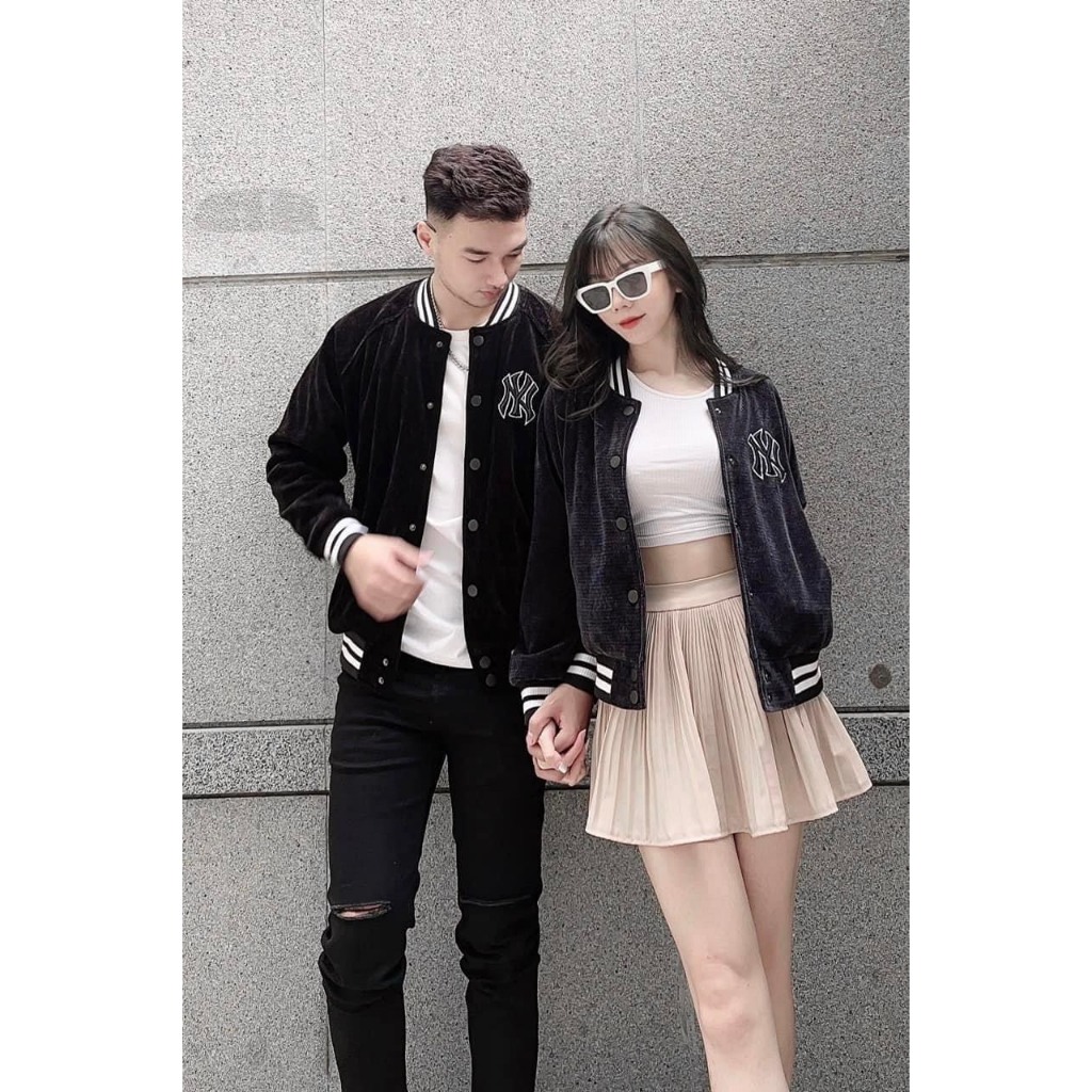 Áo Khoác Bomber Thêu Chữ NY Hàng Cao Cấp Vải Nhung Gân Dày Mịn