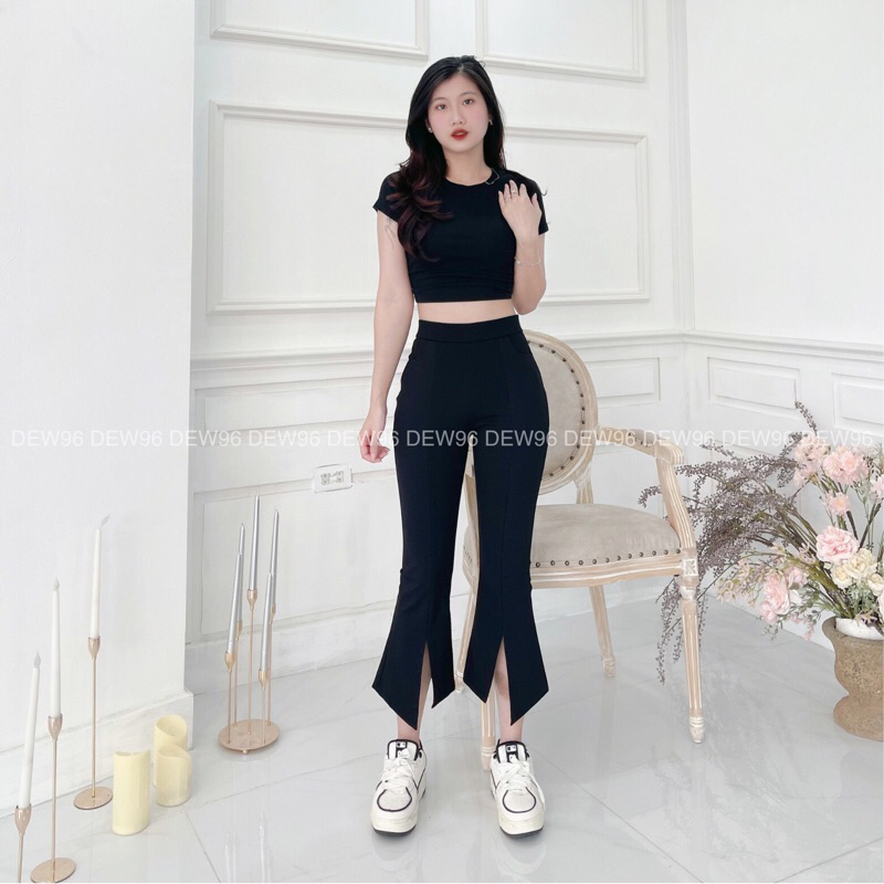 Quần loe nữ dáng ngắn xẻ ống gấu lệch chất vải Umi Hàn co giãn, quần ống loe nữ xẻ giữa lưng cao cạp chun dáng lỡ