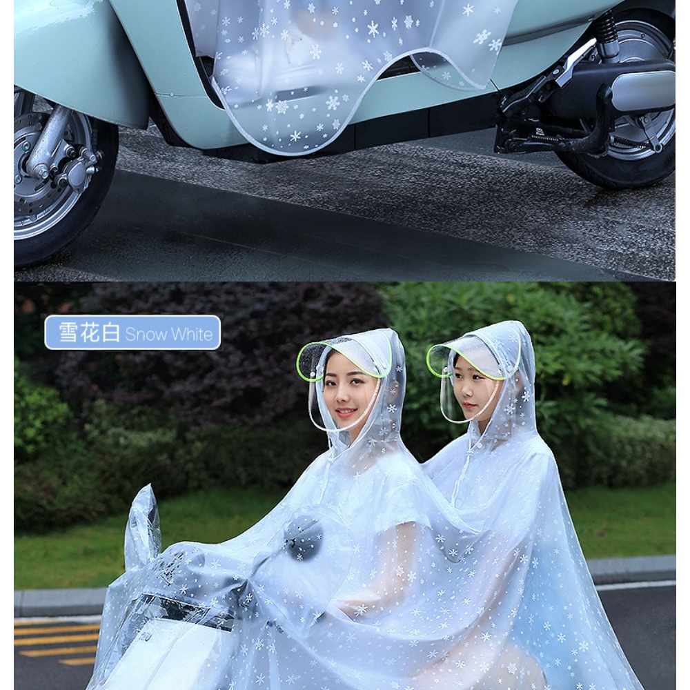 Áo mưa trong suốt có kính che mặt tiện lợi cho mẹ và bé - Áo mưa 2 đầu họa tiết bông tuyết siêu đẹp