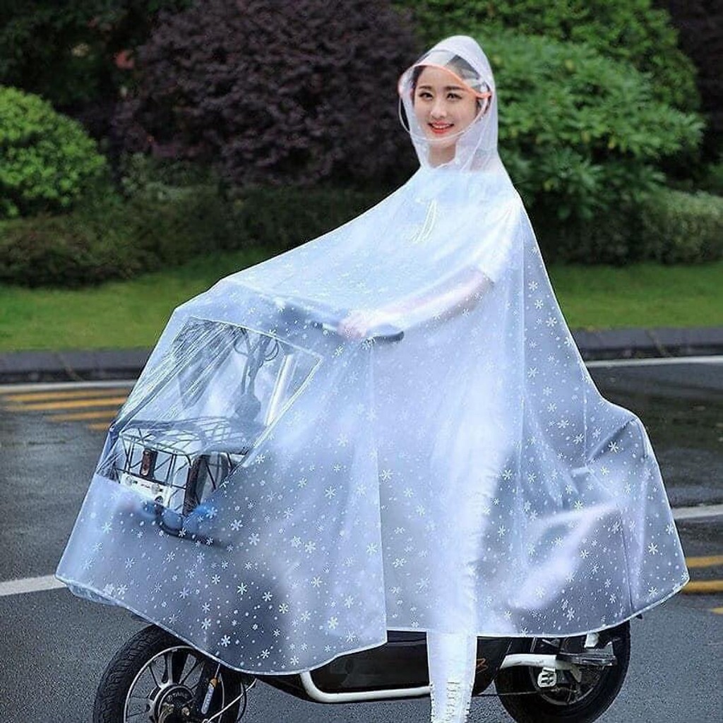 Áo mưa trong suốt có kính che mặt tiện lợi cho mẹ và bé - Áo mưa 2 đầu họa tiết bông tuyết siêu đẹp