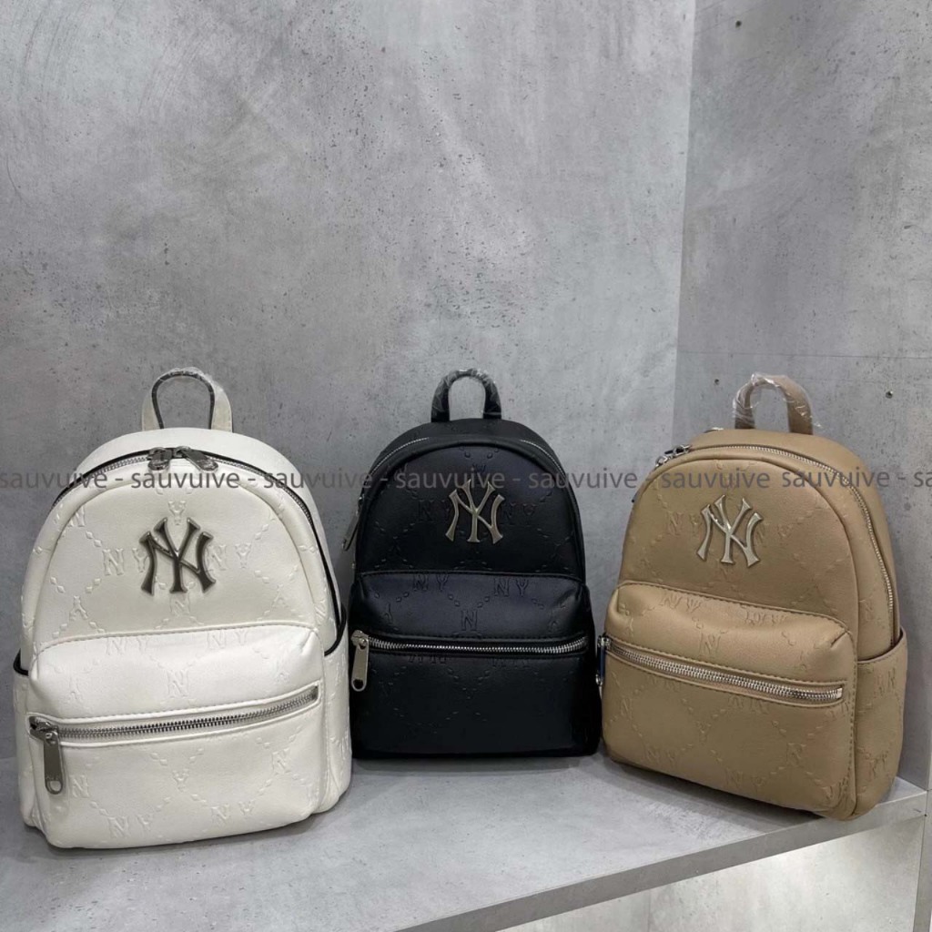BL48 - Balo MLB Mini Logo Chữ NY Bạc - Màu Đen Và Bò Thời Trang - Sấu Vui Vẻ Oficial