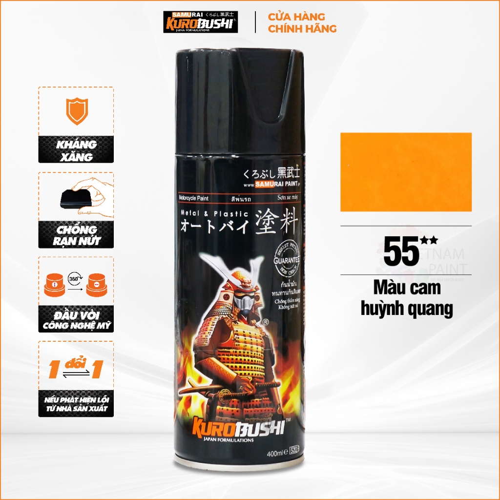 Sơn xịt Samurai Kurobushi - MÀU CAM HUỲNH QUANG 55 (400ml) chuyên dùng cho xe máy