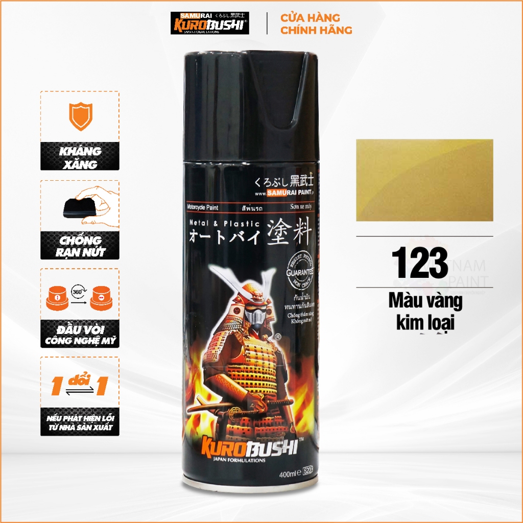 Sơn xịt SAMURAI Kurobushi - Màu VÀNG ĐỒNG 123 (400ml) chuyên dùng cho xe máy