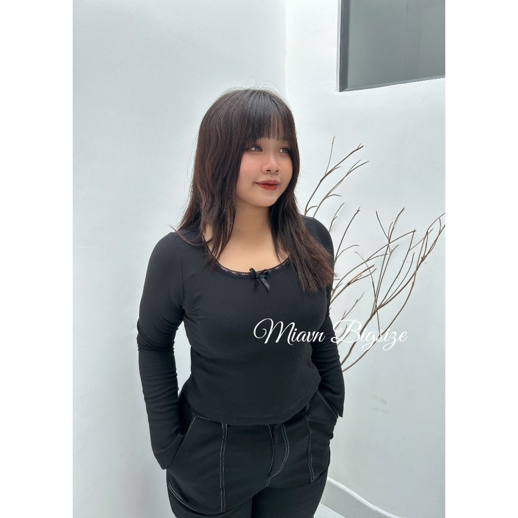 Áo thun gân viền cổ ren dáng ôm dành cho nữ - MiaVn Bigsize