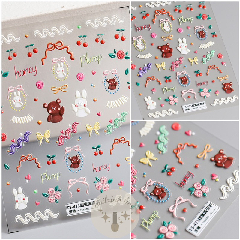 Miếng Dán Móng Tay Sticker In Nổi Hình Gấu Thỏ Dễ Thương Tensor Pro 5D - Hình Dán Trang Trí Móng Tay Nail Phong Cách Hàn