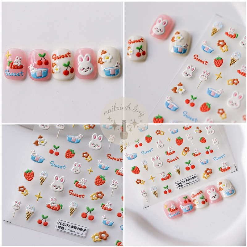 Miếng Dán Móng Tay Sticker In Nổi Hình Gấu Thỏ Dễ Thương Tensor Pro 5D - Hình Dán Trang Trí Móng Tay Nail Phong Cách Hàn