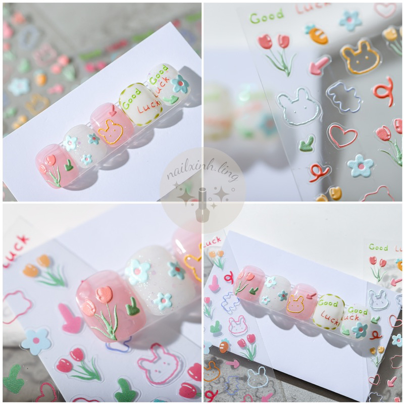 Miếng Dán Móng Tay Sticker In Nổi Hình Gấu Thỏ Dễ Thương Tensor Pro 5D - Hình Dán Trang Trí Móng Tay Nail Phong Cách Hàn