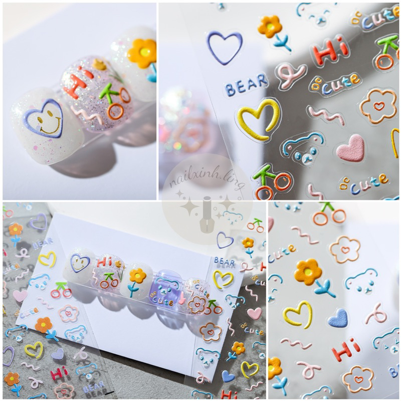 Miếng Dán Móng Tay Sticker In Nổi Hình Gấu Thỏ Dễ Thương Tensor Pro 5D - Hình Dán Trang Trí Móng Tay Nail Phong Cách Hàn
