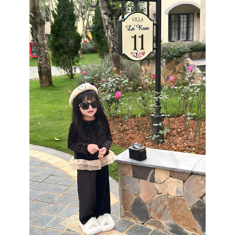 Bộ bé gái,Sét áo nhung nạm đá + quần xuông cho bé 9 đến 33kg