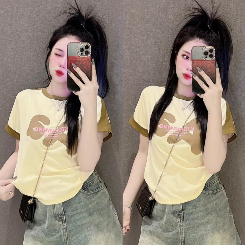 Áo thun dáng ôm nhẹ phối tay