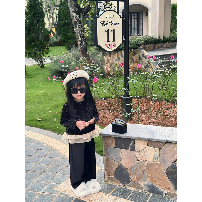 Bộ bé gái,Sét áo nhung nạm đá + quần xuông cho bé 9 đến 33kg