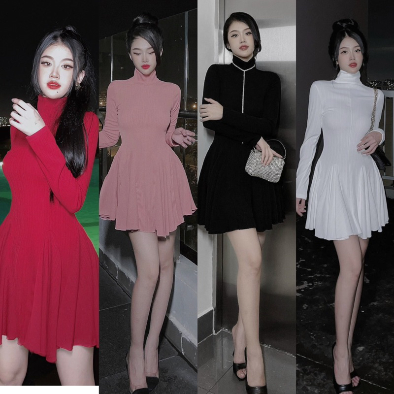 Hàng mới về-Đầm xoè cổ lọ tay dài thiết kế siêu tôn dáng
