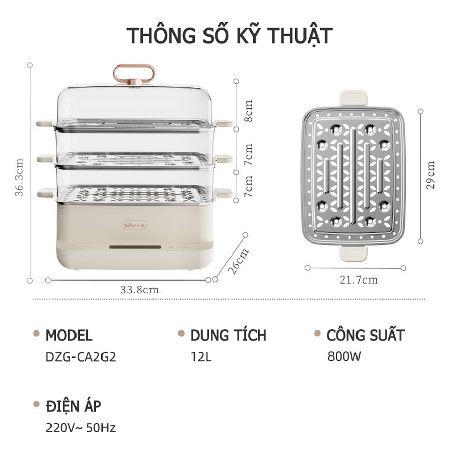 Nồi hấp điện 3 tầng Bear 12L khay hấp Inox, Nồi hấp xôi, hấp bánh bao, hấp đồ ăn dặm cho bé – Hàng chính hãng