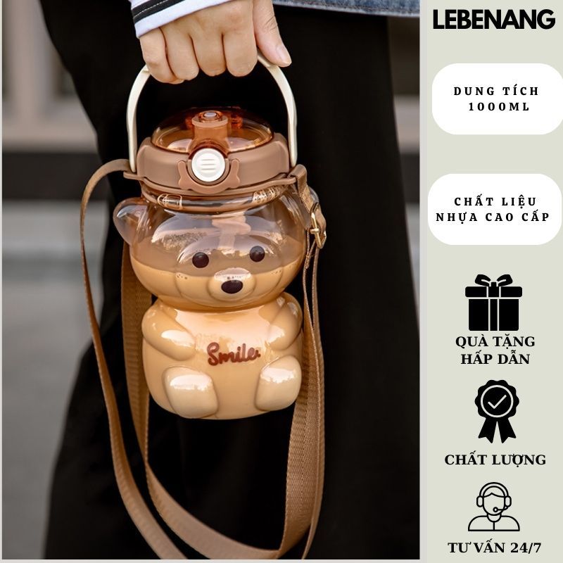 Bình nước cute nắp kín 1000ml cho bé gấu smile có dây đeo siêu đáng yêu LEBENANG