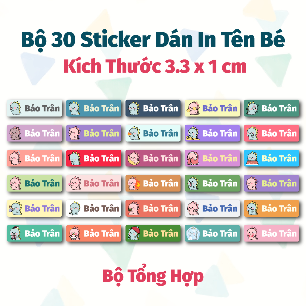 Bộ 30 Tem Sticker In Tên Mẫu Khủng Long Xinh - Sticker Đánh Dấu Dụng Cụ Học Tập, Quần Áo, Đồ Dùng Cá Nhân