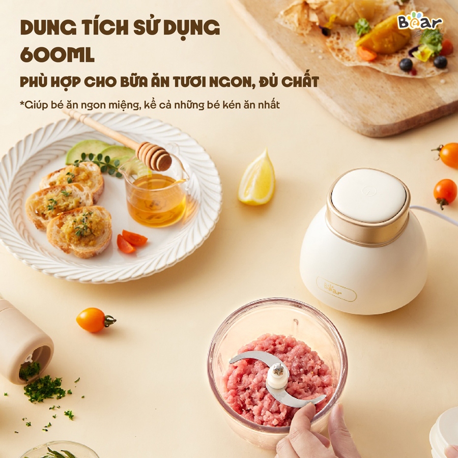 Máy xay ăn dặm cho bé 0.6L Bear dao xay 6 lưỡi, cối thủy tinh, máy xay mini đa năng – Hàng chính hãng BH 6-18 tháng