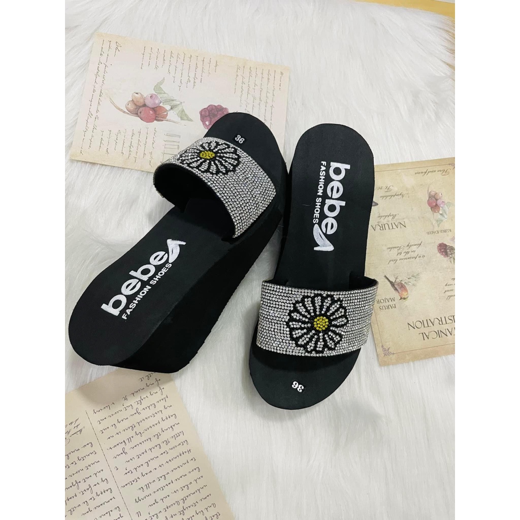 Dép lê xốp nữ 7cm đế độn cao gót quai ngang đính hạt siêu nhẹ sandal