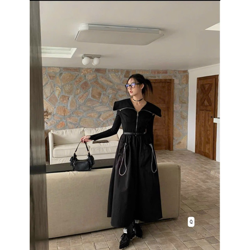 Đầm xoè tay dài phối dây kéo