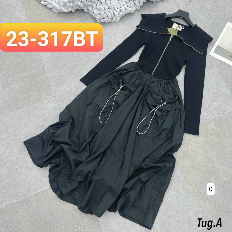 Đầm xoè tay dài phối dây kéo