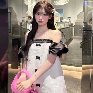 Váy babydoll trễ vai tay bồng đính khuy nơ , Đầm trễ vai tafta tiểu thư •JENACLOTHES