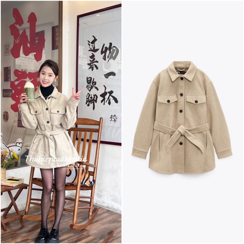 Áo khoác dạ ép nâu cúc đen buộc dây lưng mã code: 3046/333 ZARA chính hãng (kèm ảnh thật)