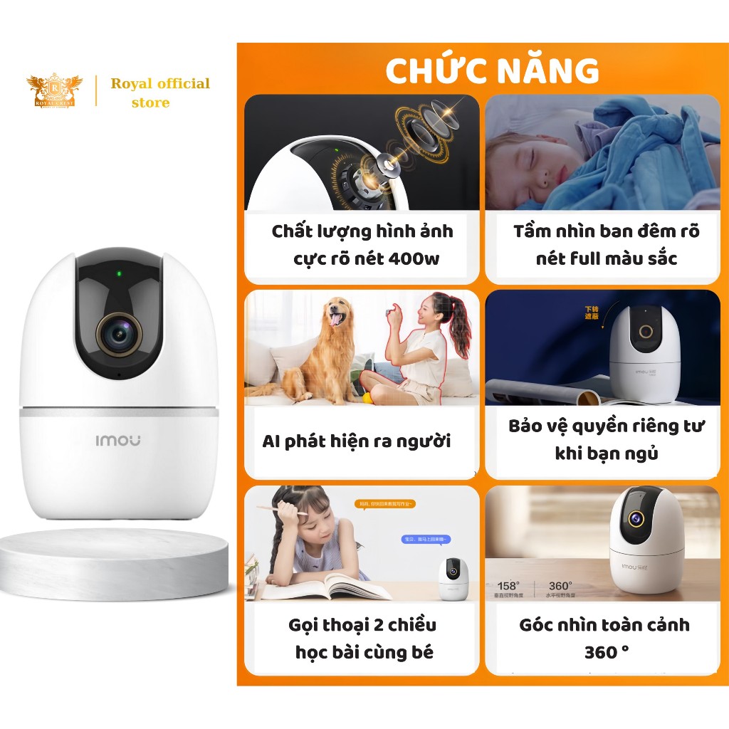Camera wifi imou trong nhà A22EP 2M Full HD 1080P Xoay 360 độ, đàm thoại 2 chiều chính hãng - Camera imou wifi Royal
