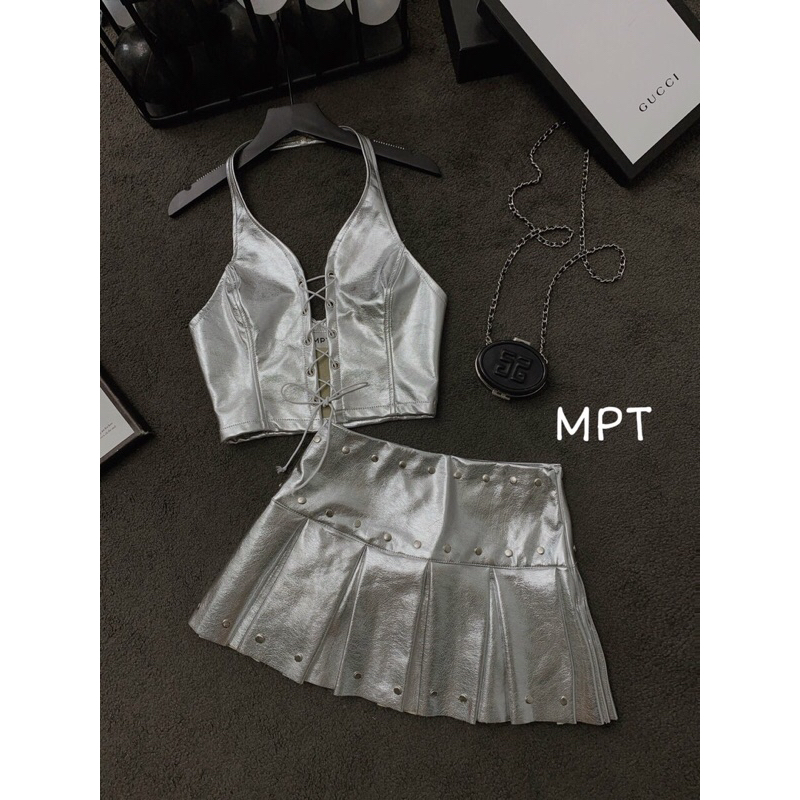 Set áo da bạc đan dây mix chân váy đính đinh