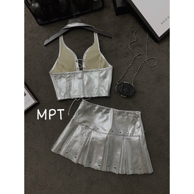 Set áo da bạc đan dây mix chân váy đính đinh
