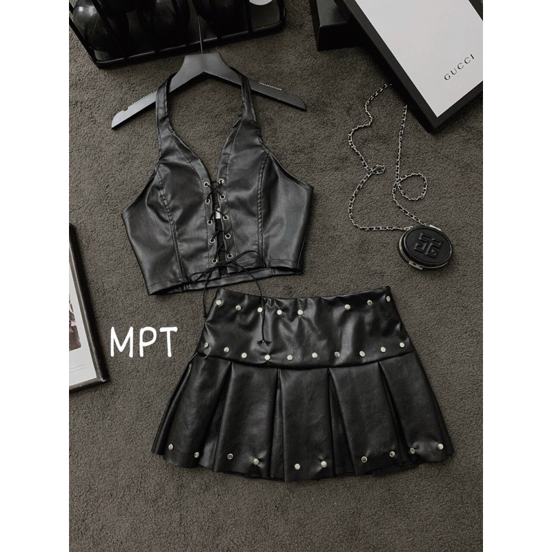 Set áo da bạc đan dây mix chân váy đính đinh