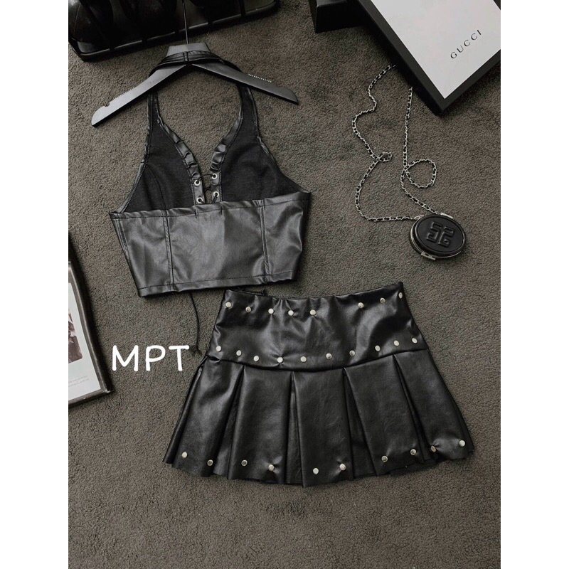 Set áo da bạc đan dây mix chân váy đính đinh