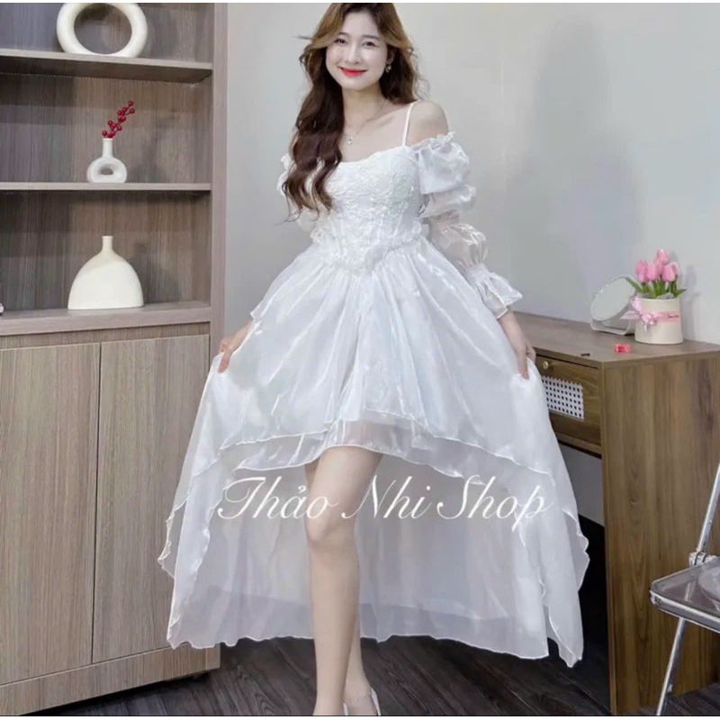 Đầm công chúa đuôi tôm Trễ Vai tay phồng Trắng xinh xắn