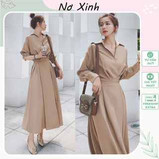 Váy sơ mi tay dài dáng xòe hàn quốc, váy công sở dự tiệc dạo phố cao cấp nơ xinh store