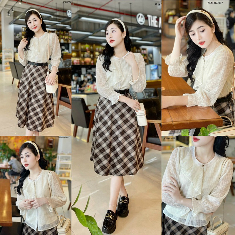 ASMXK0087 Áo sơ mi ren cách điệu mix chân váy kẻ vnxk