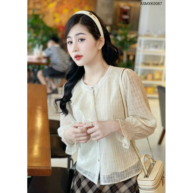 ASMXK0087 Áo sơ mi ren cách điệu mix chân váy kẻ vnxk