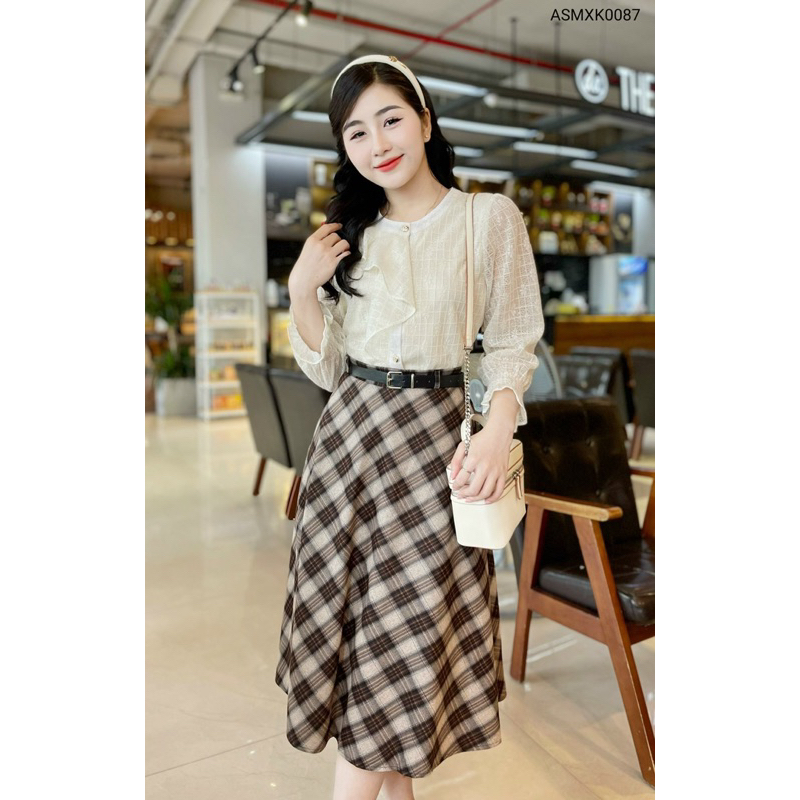 ASMXK0087 Áo sơ mi ren cách điệu mix chân váy kẻ vnxk