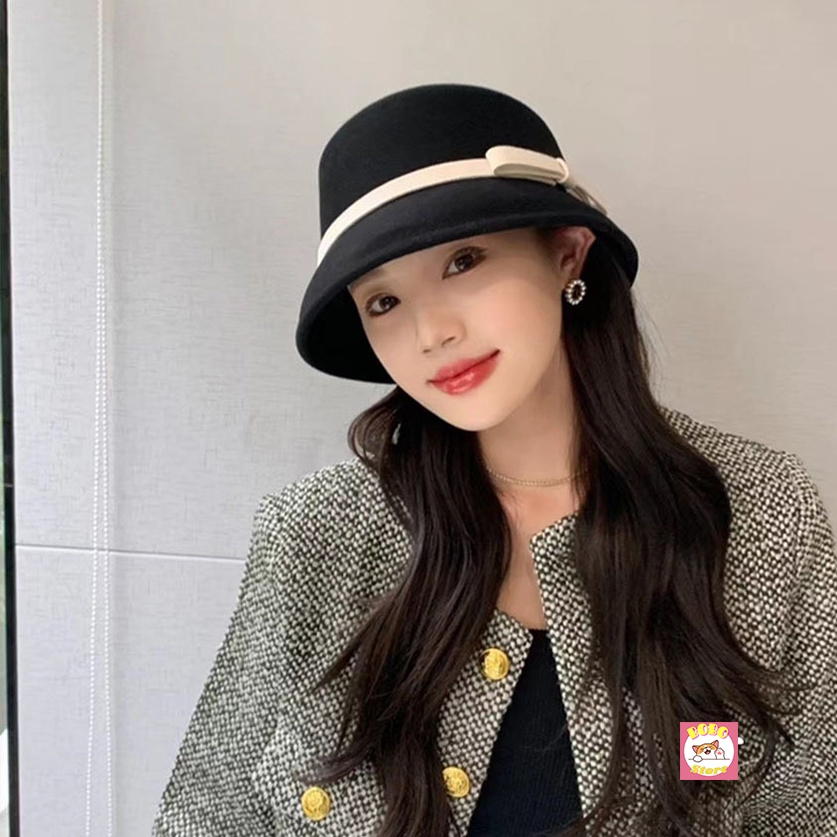 Mũ dạ nữ vành nhỏ nơ ngang chất dạ mịn nhẹ phối màu sang trọng siêu hot
