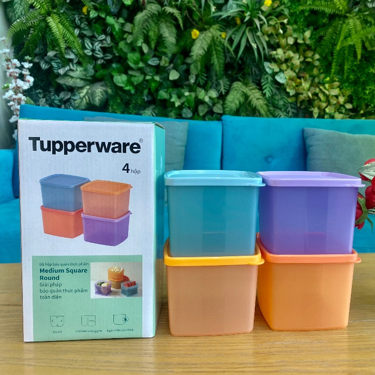 Bộ hộp trữ khô/ mát Tupperware Medium Square Round Gen I 840ml (4 hộp) - Bảo hành trọn đời - Nhựa nguyên sinh, an toàn