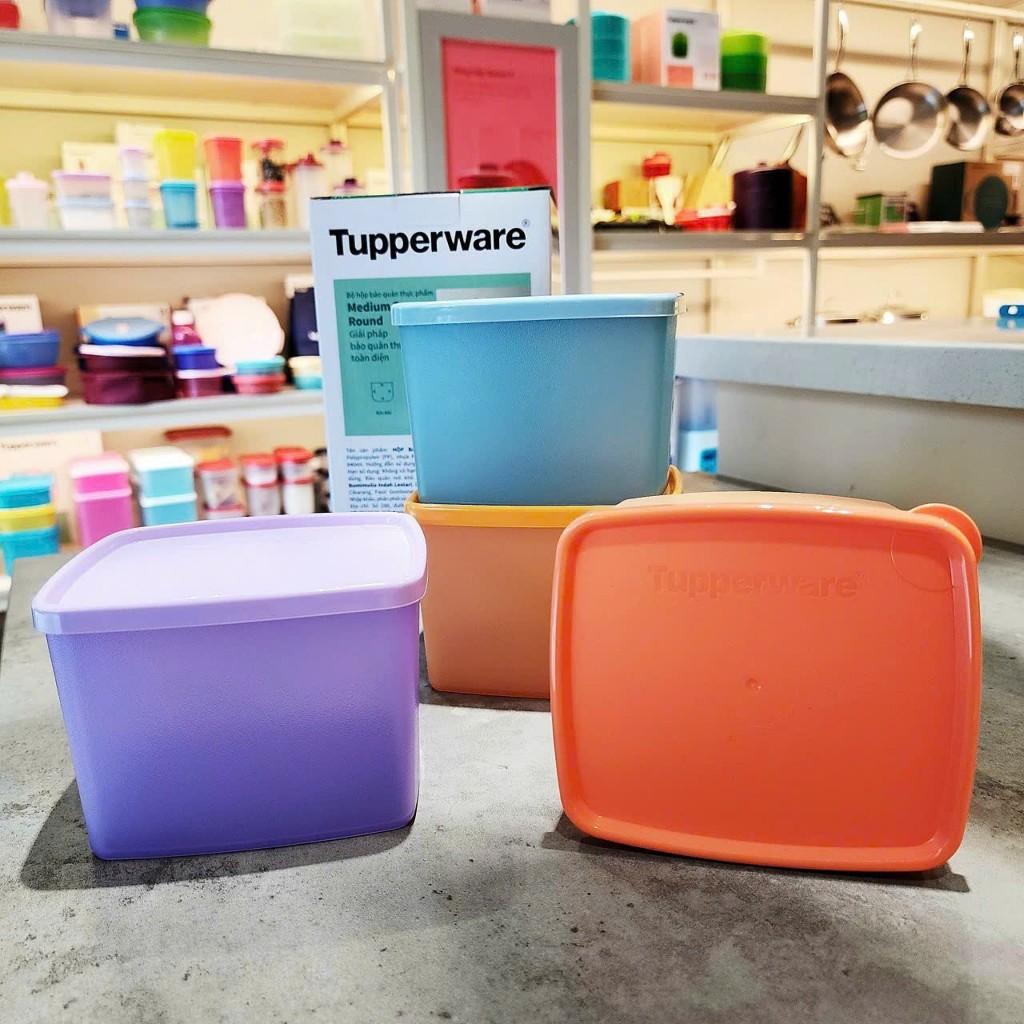 Bộ hộp trữ khô/ mát Tupperware Medium Square Round Gen I 840ml (4 hộp) - Bảo hành trọn đời - Nhựa nguyên sinh, an toàn