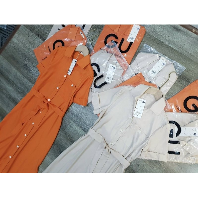 Đầm sơmi GU 2 màu cam và be, dàng dài thướt tha, form gọn dưới 58kg