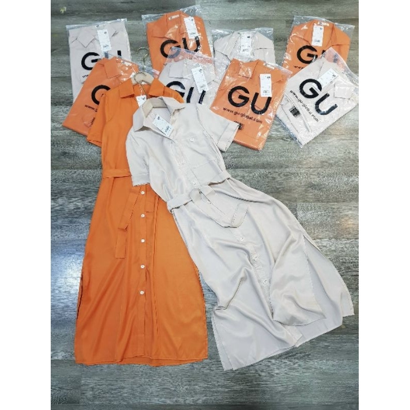 Đầm sơmi GU 2 màu cam và be, dàng dài thướt tha, form gọn dưới 58kg