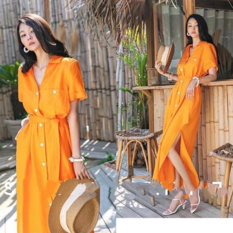 Đầm sơmi GU 2 màu cam và be, dàng dài thướt tha, form gọn dưới 58kg