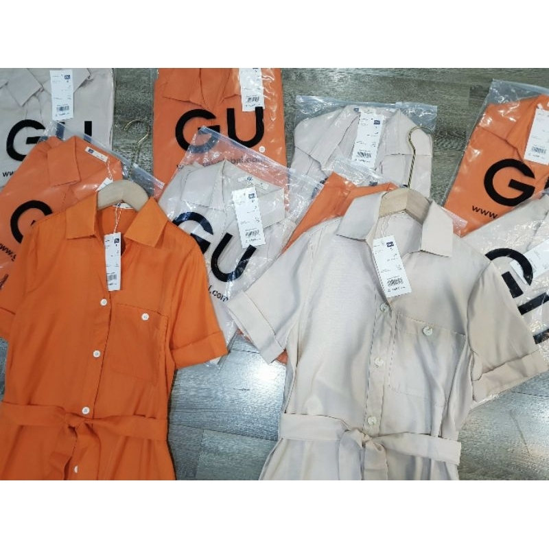 Đầm sơmi GU 2 màu cam và be, dàng dài thướt tha, form gọn dưới 58kg