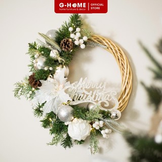 Vòng nguyệt quế trang trí Giáng sinh Ghome, vòng thông treo tường, cửa kính, cửa ra vào vòng decor Noel NQ22 M2