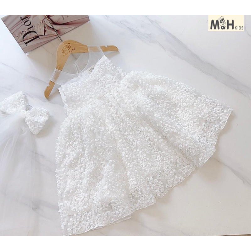 10-25kg váy cô dâu trắng kèm voan cho bé gái, váy trắng đi tiệc cho bé gái