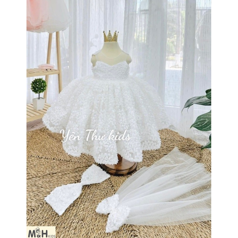 10-25kg váy cô dâu trắng kèm voan cho bé gái, váy trắng đi tiệc cho bé gái